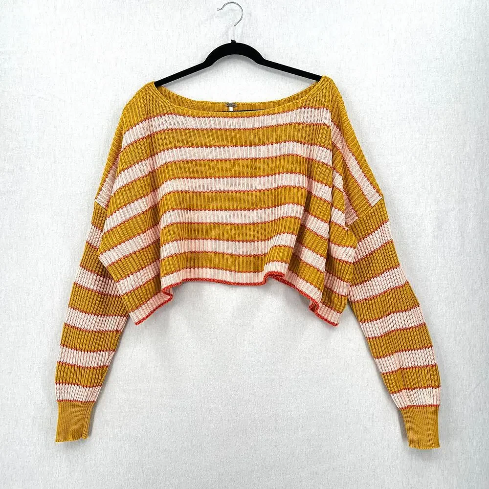 FREE PEOPLE Just My Striped Pullover Sweater Womens Small Yellow Pink Cropped - Picture 4 of 14